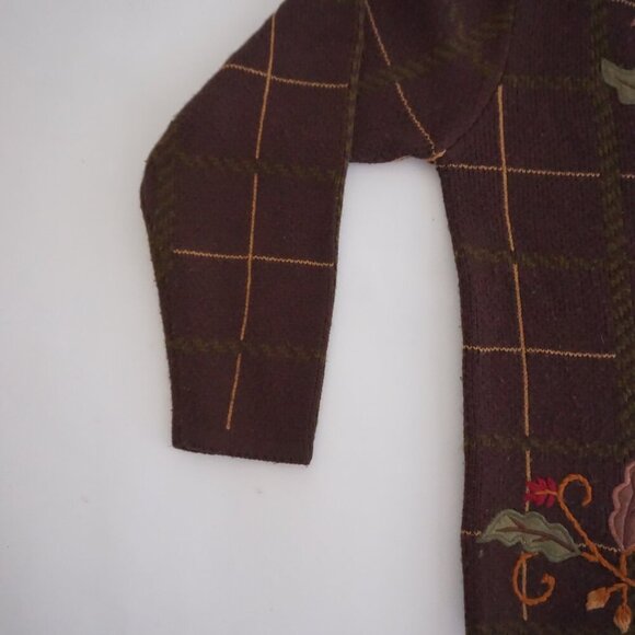 VTG Crystal Kobe Brown Leaf Vine Embroidered Plaid Knit Gold Button Cardigan S - Picture 8 of 9